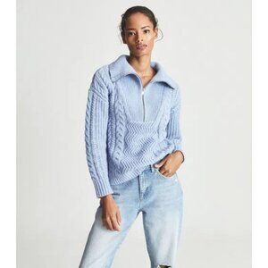 Reiss Alexis Cable Knit Zip Neck Jumper Sweater Blue Size xs